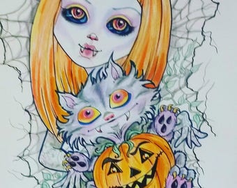 Pumpkin Spice Horror Fantasy Lowbrow Art Print by Leslie Mehl 8.5 X 11