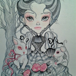 Gray and Pink Victorian Girl with Albino Animals Fantasy Print