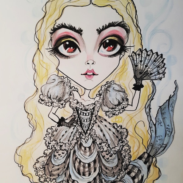 White Queen Mermaid Alice In Wonderland Fantasy Big eye Art Print