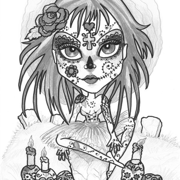 Adult Coloring Page - Grayscale Coloring Page-Printable Coloring Page- Digital Download-Halloween Fantasy Art Sugar Skull by Leslie Mehl Art