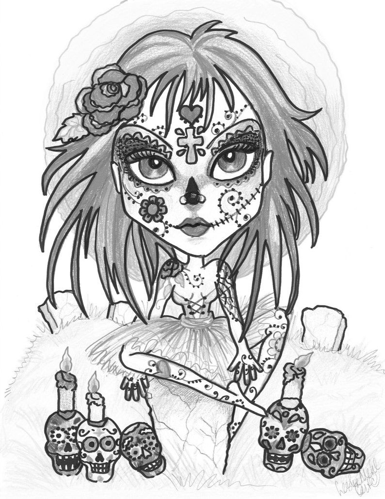 Adult Coloring Page Grayscale Coloring Page-Printable Coloring Page Digital Download-Halloween Fantasy Art Sugar Skull by Leslie Mehl Art image 1