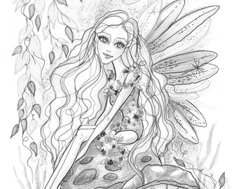 Adult Coloring Page - Grayscale Coloring Page - Printable Coloring Page - Digital Download - Fantasy Art - Mushroom Fairy by Leslie Mehl Art