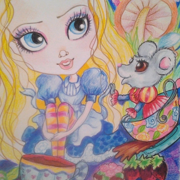 Alice and the Dormouse ACEO/ATC Artist Trading Cards By the Artist Leslie Mehl