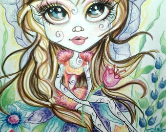 Spring Pixie Fantasy Big Eye Fairy Art Print by Leslie Mehl Art