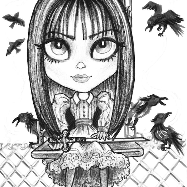 Adult Coloring Page - Grayscale - Printable Page- Digital Download -Halloween Fantasy Art - Difficult Childhood by Leslie Mehl Art