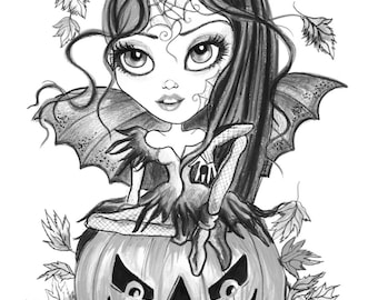 May include: A black and white illustration of a fairy with bat wings sitting on a jack-o'-lantern. The fairy has a spiderweb design on her face and her hair is pulled back in a ponytail. There are leaves and a bat flying in the background.