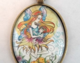 Mother and Child Fairy Necklace Fantasy Fairy Art Pendant Big Eye Penda