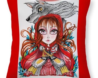 Original art pillow, Red and The Wolf, fairytale pillow, decorative pillow ,14 x 14 cotton pillow, fantasy art, horror art pillow