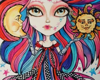 Rainbow Goddess Sun and Moon Fantasy Big Eye Art Print