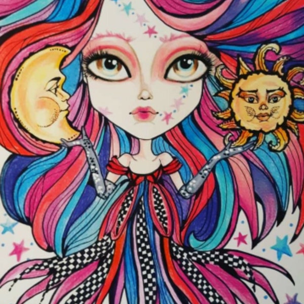 Rainbow Goddess Sun and Moon Fantasy Big Eye Art Print