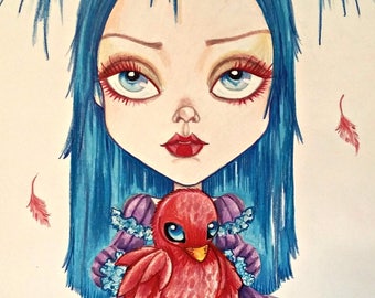 Olive and The Red Bird Fantasy Lowbrow Pop Surrealism 8.5 x 11 Art Print