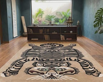 Tapis tigre tufté à la main beige et noir à motif animalier, tapis moderne et décoratif pour la maison