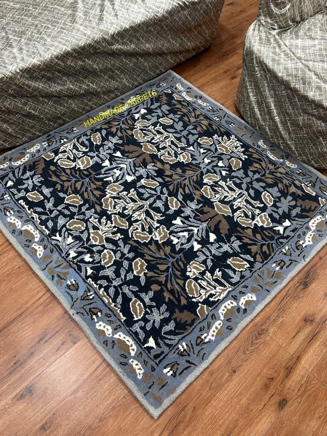Traditional Handmade Wool Rug – Floral Design in Blue, Brown & Gray ...