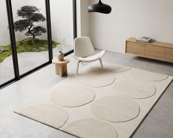 Tapis tufté à la main à motif circulaire neutre, doux, moderne et minimaliste, pour salon.