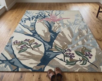 Tapis tufté à la main à motif d'oiseaux abstraits, tapis en laine au design moderne d'arbres et de nature, décoration intérieure