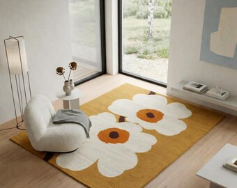Tapis à motifs floraux tufté à la main, jaune moutarde, blanc marguerite, laine douce, style moderne