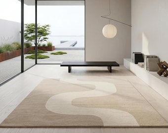 Tapis en laine tufté à la main, motif abstrait, beige crème, style moderne et minimaliste, idéal pour le salon. Décoration de salon.