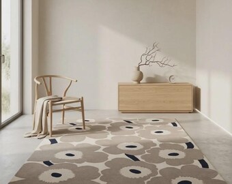 Tapis d'intérieur en laine beige, style scandinave moderne, tufté à la main, motif floral, idéal pour le salon.