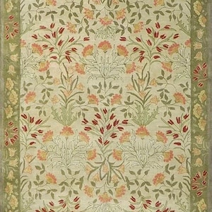 May include: A rectangular area rug featuring a cream-colored background with a repeating botanical pattern of green leaves, stems, and flowers in shades of coral, peach, and yellow. The rug has a wide green border with a floral motif.