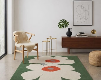 Tapis vert à fleurs tufté à la main, motif fleurs blanches, doux et confortable, décoration moderne et élégante pour la maison.