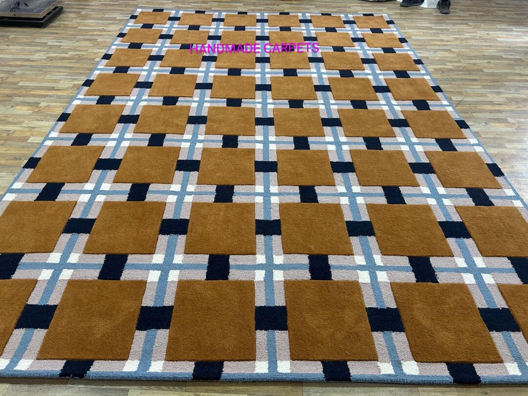 Handmade Geometric Square Pattern Rug – Elegant Brown & Navy Modern ...