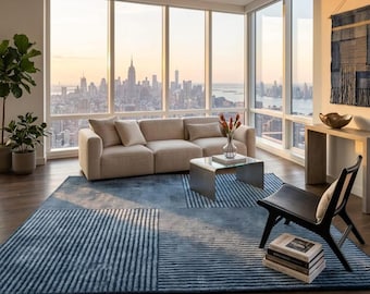 Tapis à rayures bleues tufté à la main, motif géométrique moderne, en laine douce, décoration intérieure