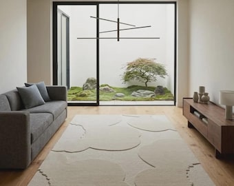 Tapis beige neutre tufté à la main, motif abstrait minimaliste, doux et moelleux, décoration intérieure moderne