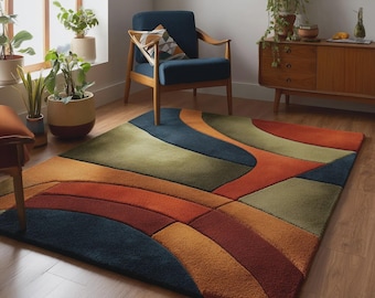 Tapis en laine tufté à la main, motif abstrait incurvé, tapis moderne coloré pour la décoration intérieure