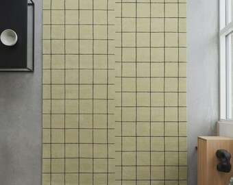 Tapis moderne à motif quadrillé tufté à la main, minimaliste, beige, lignes noires, en laine, décoration intérieure