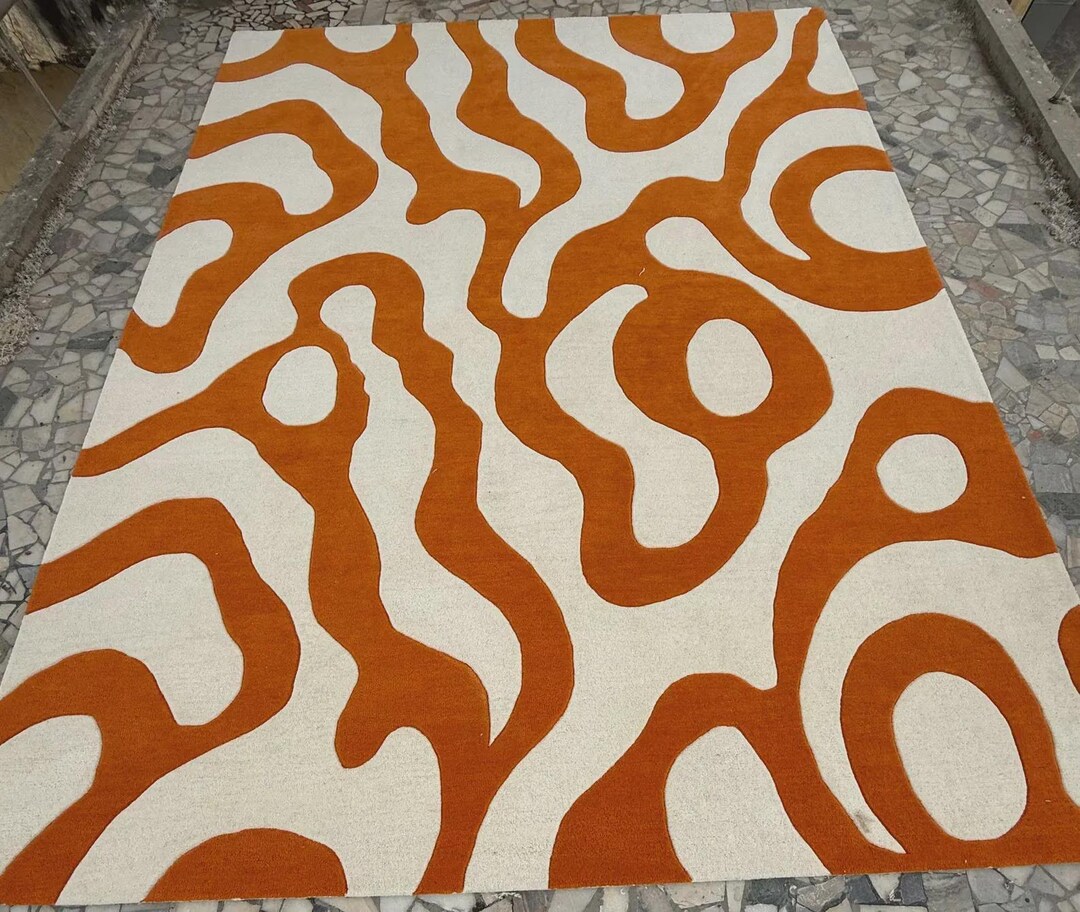 Patterned Rug Orange Abstract Orange White Hand Tufted Rug Modern Organic Pattern Area Rug ...