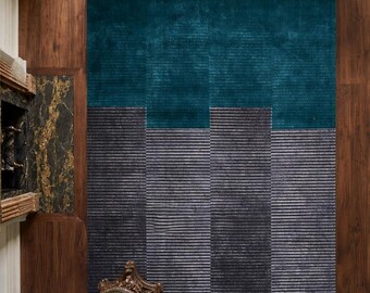 Tapis géométrique tufté à la main, motif abstrait moderne bleu sarcelle et gris, en laine, décoration intérieure