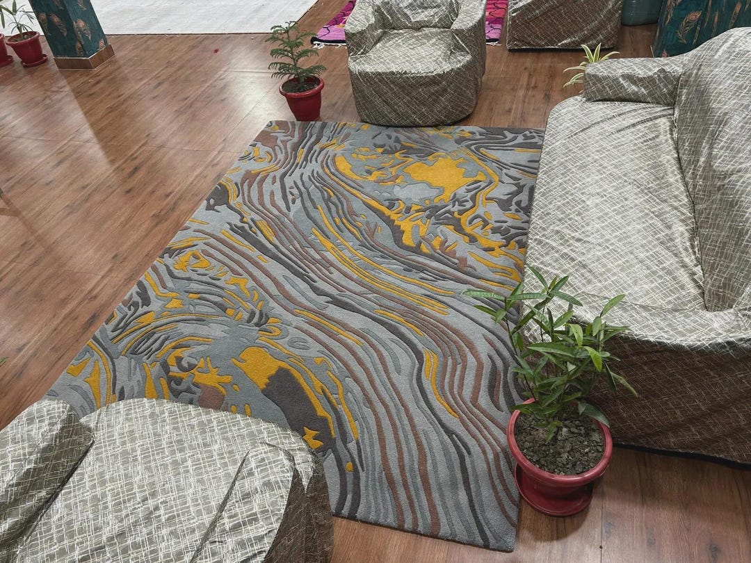 Modern Abstract Hand Tufted Area Rug Gray Yellow Artistic Living Room ...