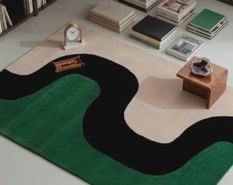 Tapis tufté à la main, motif abstrait blanc et vert, design moderne minimaliste ondulé, en laine douce
