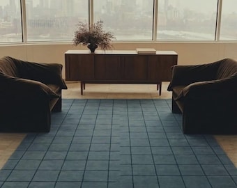 Tapis à motif quadrillé turquoise, minimaliste, en laine, pour salon ou chambre moderne, fait main