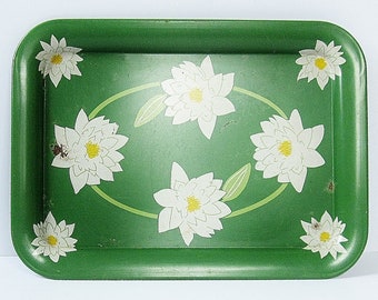 Metal Serving Tray Water Lily Lotus Flower Design Large Serving Tray Art Deco 1930s 1940s Antique Nouveau Home Decor Vintage TV Tray