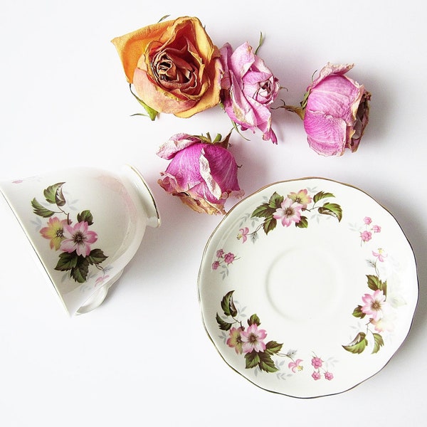 Vintage Tea Cup English Bone China Queen Anne Ridgway Potteries Apple Blossoms Raspberries Primroses Tea Party Cup And Saucer