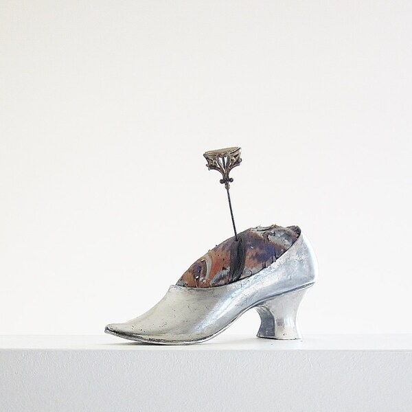 Vintage Pincushion - Ladies Shoe Collectible - Cast Metal - Silver Plated - Sewing Accessory - Embroidery Tool - Shabby Boho Chic Decor