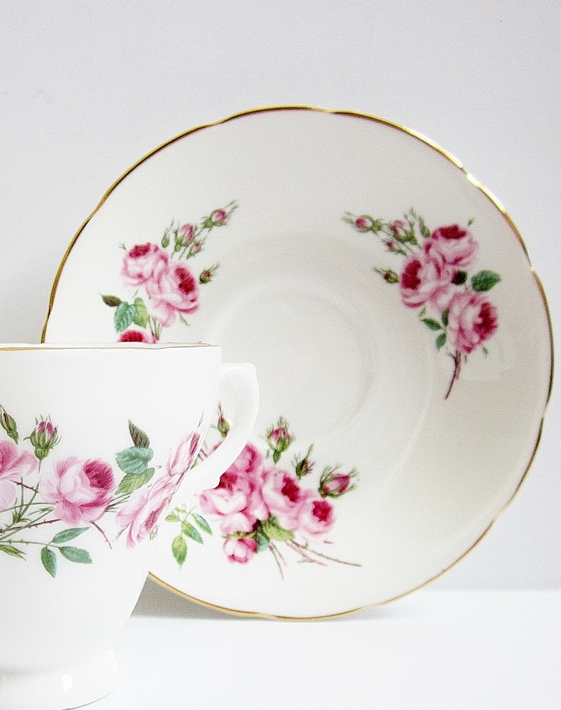 Vintage Pink Roses Tea Cup And Saucer English Bone China Sovereign House Exclusive Fine China Made In England Teacup Set For Your Tea Party