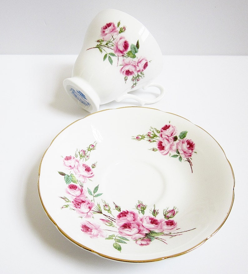 Vintage Pink Roses Tea Cup And Saucer English Bone China Sovereign House Exclusive Fine China Made In England Teacup Set For Your Tea Party