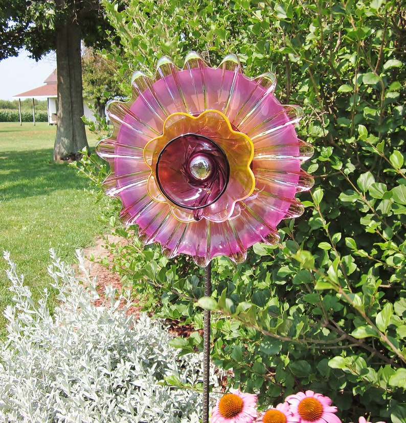 Purple Garden Art Yard Decor Glass Plate Flower Upcycled Etsy