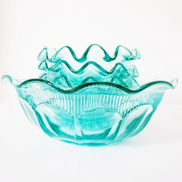 Bohemian Glass Bowl Set Czechoslovakia Vintage Aquamarine Teal Blue