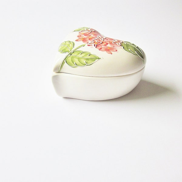 Puffy Heart Shaped Trinket Box - Painted Ceramic Jewelry Box - Vintage Heart Shaped Ring Dish - Gift Of Love For Her - Wife Mom Grandmother