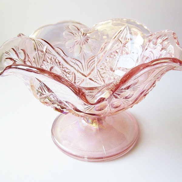 Blush Pink Carnival Glass Bowl Iridescent Footed Compote Dish Imperial Glass Co Vintage Opalescent Pastel Home Wedding Decor Gift For Woman