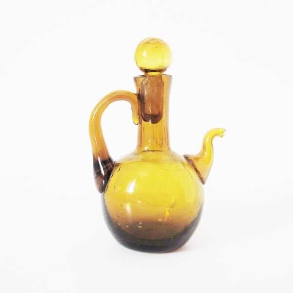 Amber Art Glass Cruet Tiny Miniature Pitcher Ewer Vinegar Oil Server