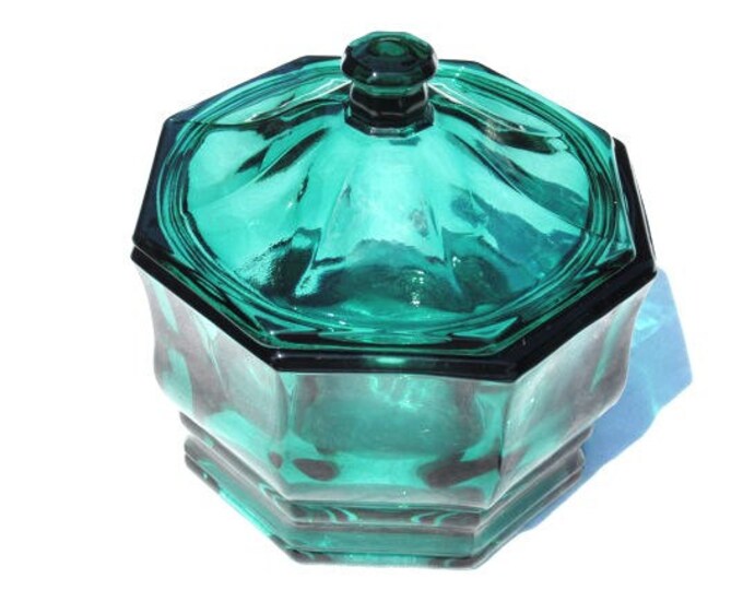 Teal Blue Glass Covered Bowl Candy Dish Mid Century Etsy
