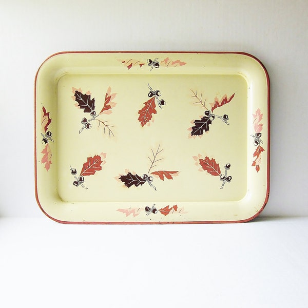 Autumn Leaves Metal Serving Tray - Vintage 1960s TV Tray - 1950s Mid Century Dining Platter - Kitsch Home Decor - Large Serving BBQ Tray