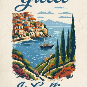 Greece Seaside Village Illustration: Vintage Travel Art (Digital Image PNG File)