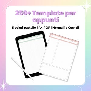 250+ Template per appunti in 5 colori pastello A4 PDF stampabile o digitale normali o metodo Cornell righe quadretti dots esagoni