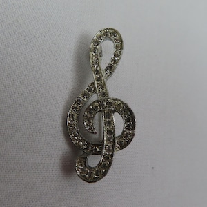 Clear Rhinestone Music Treble Clef Pin Brooch Silver Tone Vintage