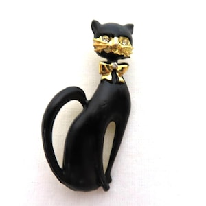 Black Enamel Gold Tone Cat Kitten Animal Pin Brooch Rhinestone
